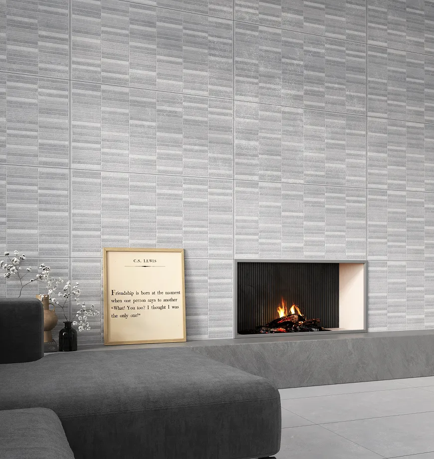 Chevron textured tiles behind a wooden sideboard